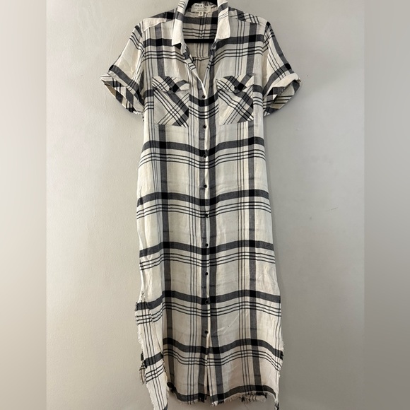 Cloth & Stone Anthropologie Plaid Button Front Linen Blend Shirt Dress L - Picture 3 of 10